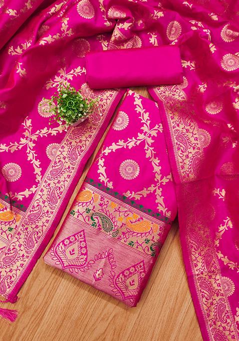 Pink Zari Work Banarasi Silk Dress Material