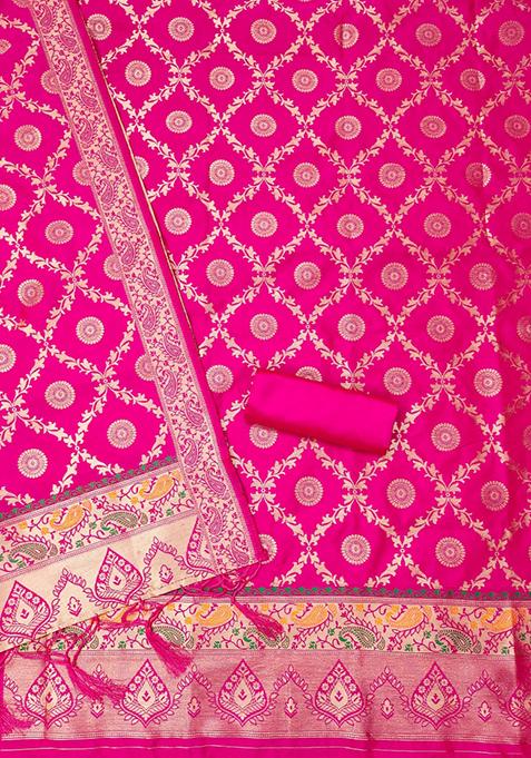 Pink Zari Work Banarasi Silk Dress Material