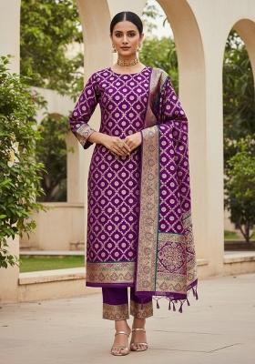 Purple Zari Work Banarasi Silk Dress Material