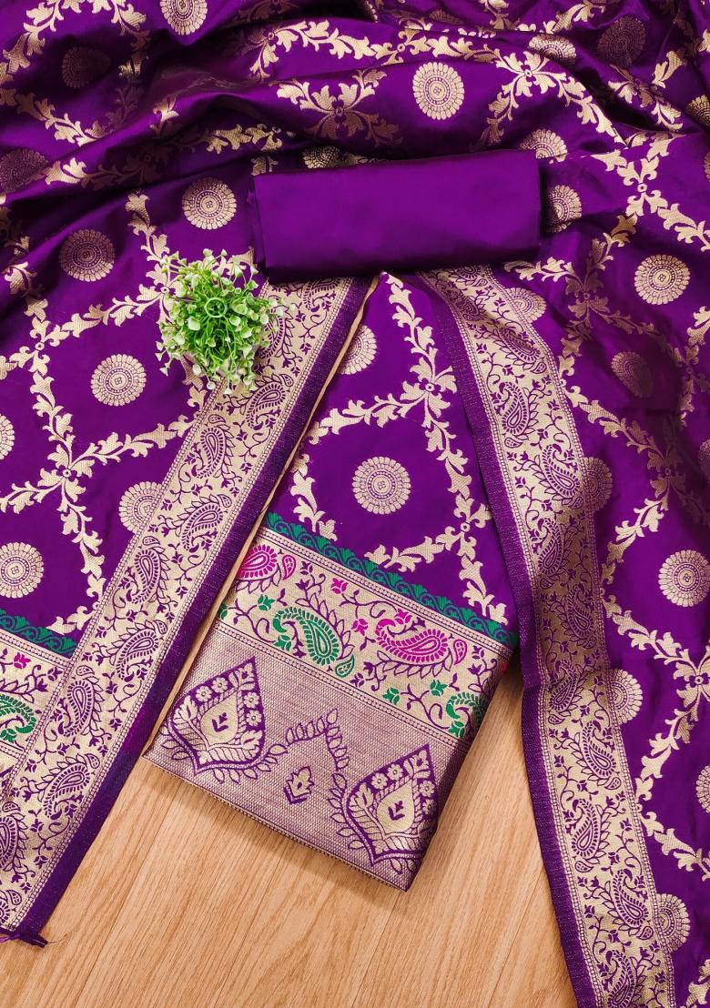 Purple Zari Work Banarasi Silk Dress Material
