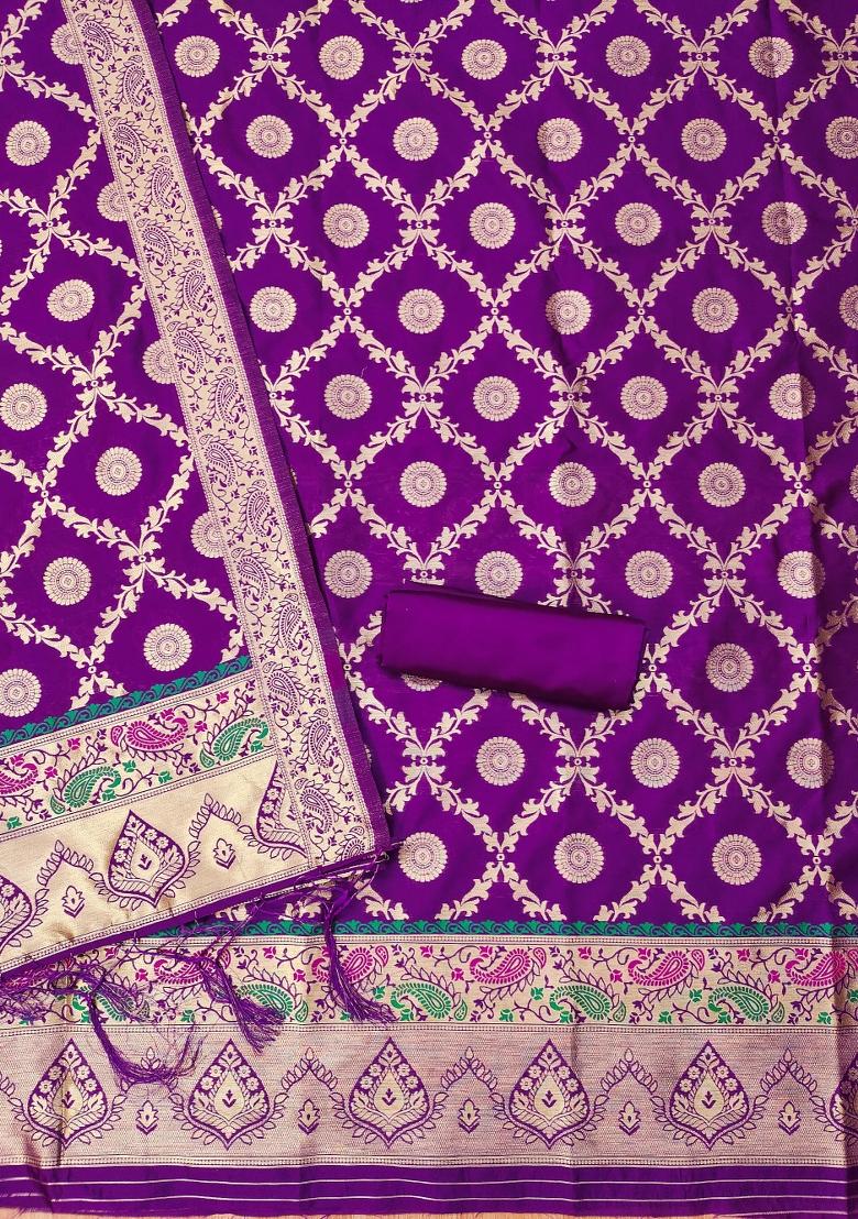 Purple Zari Work Banarasi Silk Dress Material