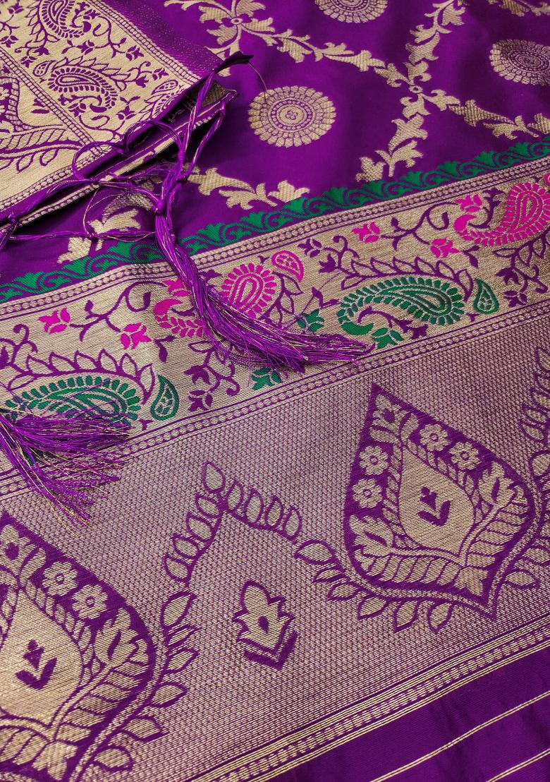 Purple Zari Work Banarasi Silk Dress Material