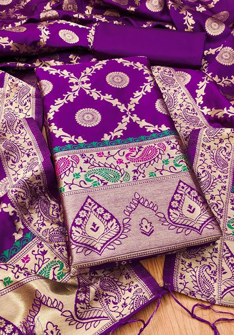 Purple Zari Work Banarasi Silk Dress Material