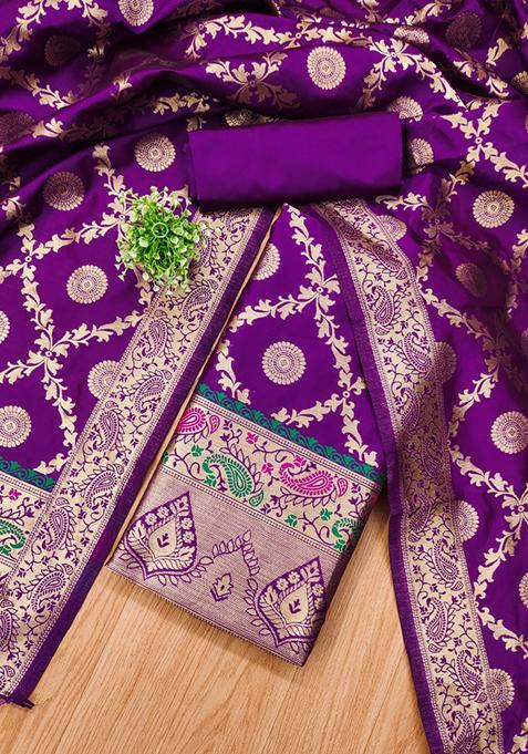 Purple Zari Work Banarasi Silk Dress Material