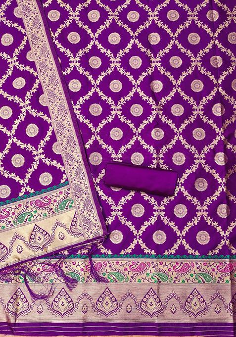 Purple Zari Work Banarasi Silk Dress Material