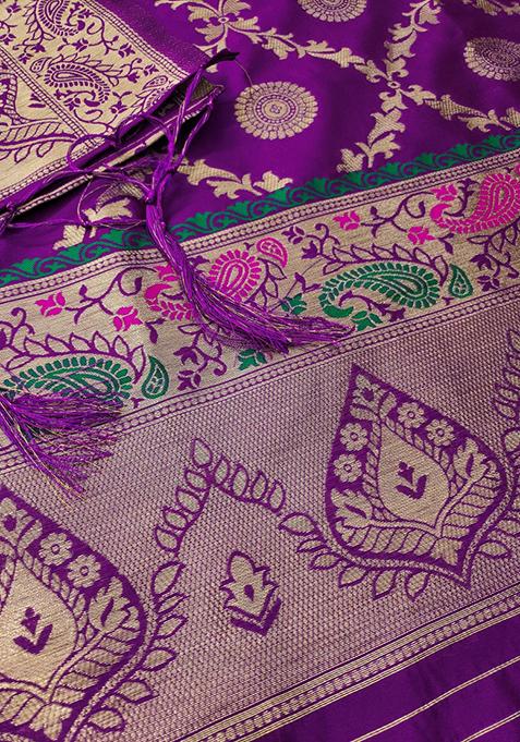 Purple Zari Work Banarasi Silk Dress Material
