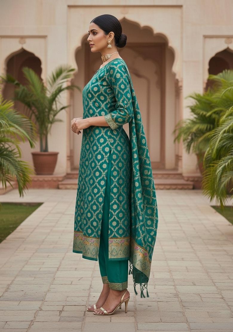 Rama Green Zari Work Banarasi Silk Dress Material - Indya