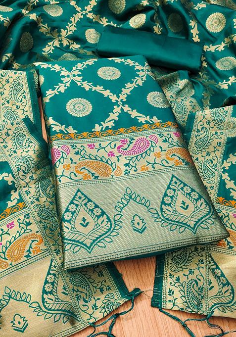 Rama Green Zari Work Banarasi Silk Dress Material