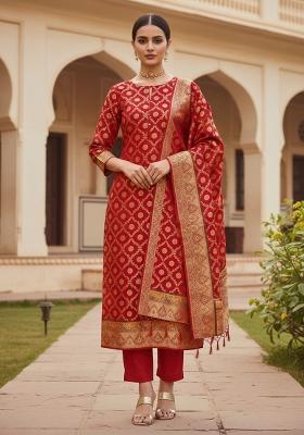 Red Zari Work Banarasi Silk Dress Material