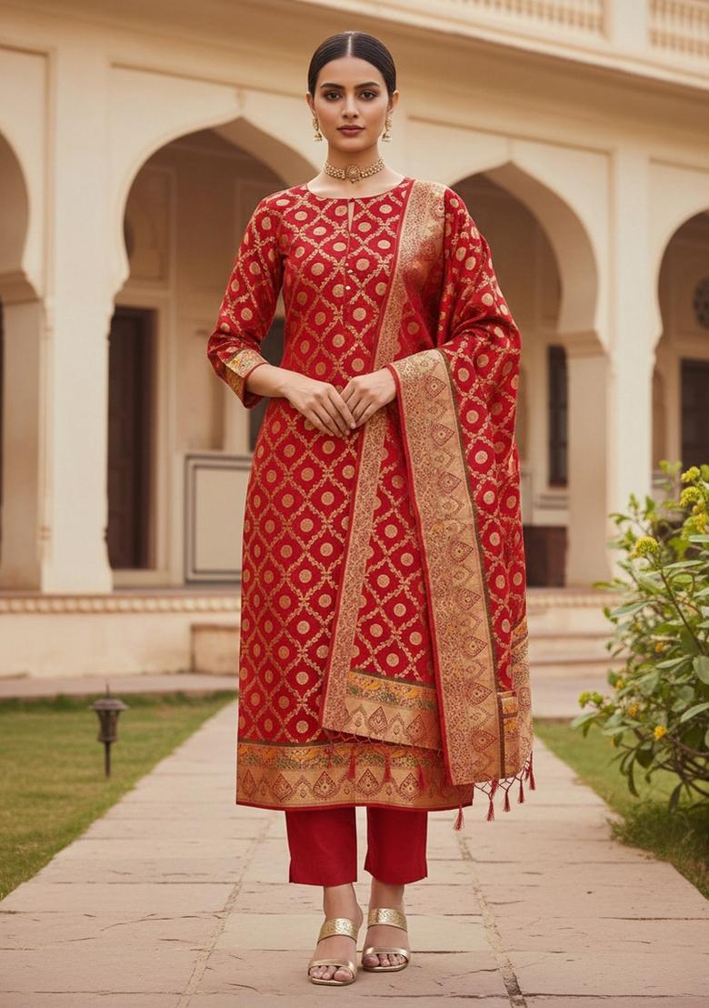 Red Zari Work Banarasi Silk Dress Material
