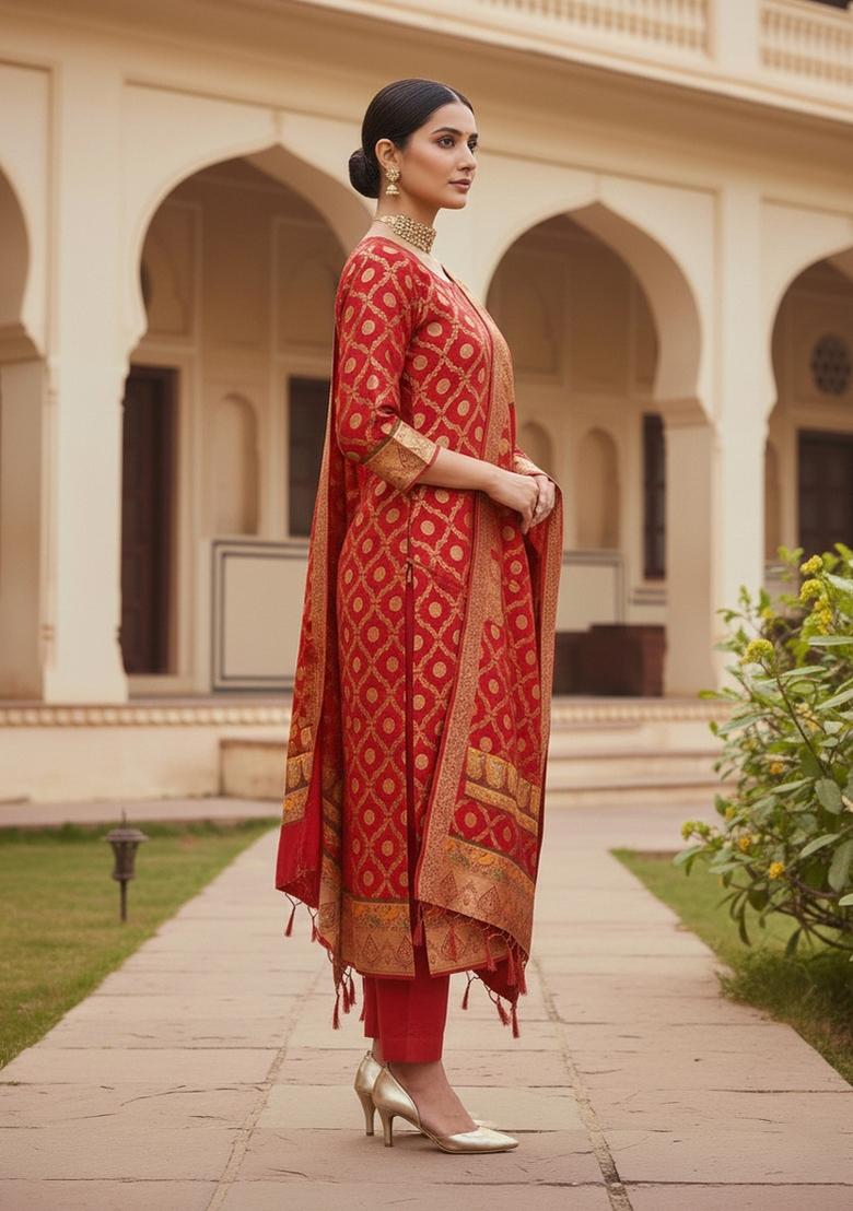 Red Zari Work Banarasi Silk Dress Material