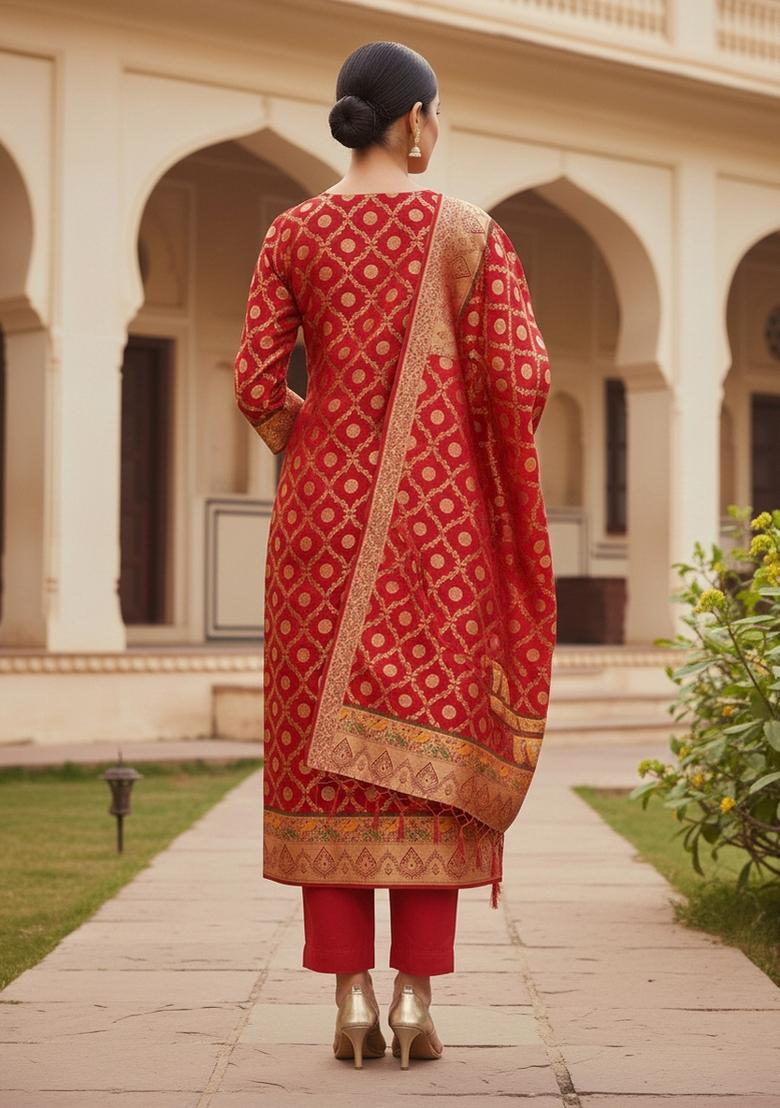 Red Zari Work Banarasi Silk Dress Material
