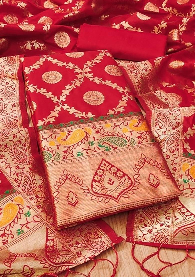 Red Zari Work Banarasi Silk Dress Material