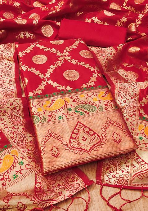 Red Zari Work Banarasi Silk Dress Material