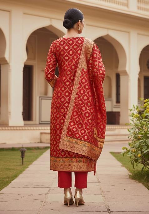 Red Zari Work Banarasi Silk Dress Material