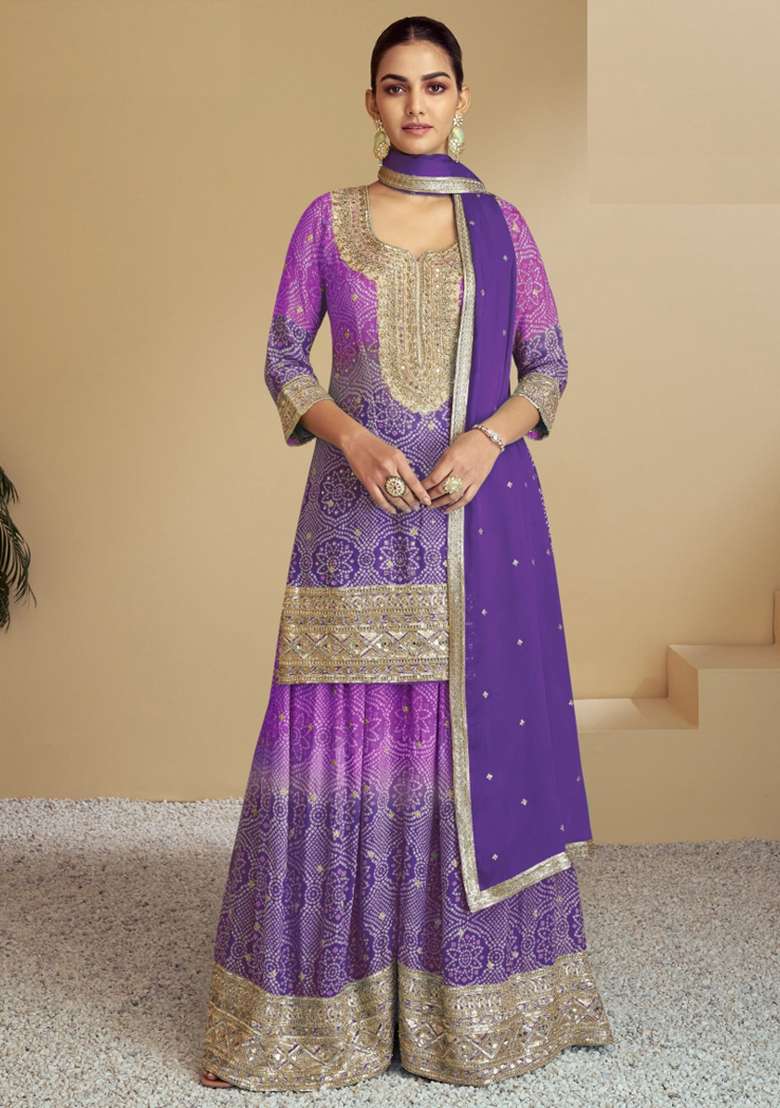Multicolor Printed Chinon Sharara Set - Indya