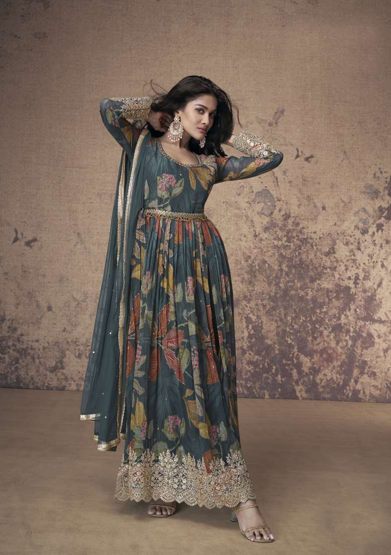 Multicolor Embroidered Georgette Anarkali Set - Indya