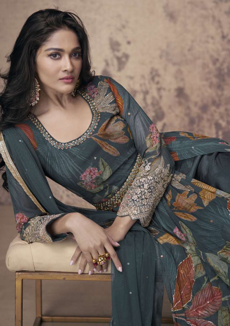 Multicolor Embroidered Georgette Anarkali Set - Indya