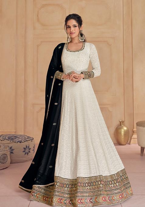 Cream Zari Embroidered Georgette Anarkali Set