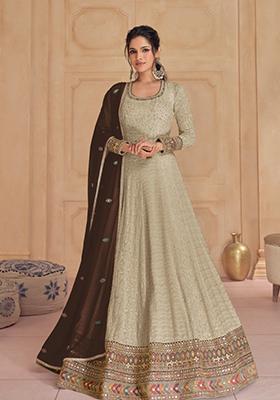 Beige Zari Embroidered Georgette Anarkali Set