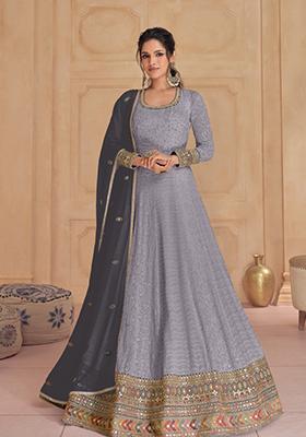 Grey Zari Embroidered Georgette Anarkali Set