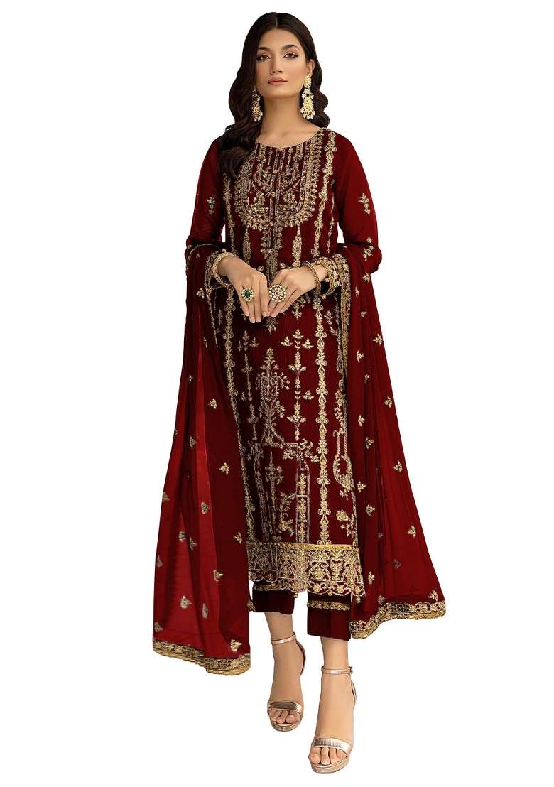 Maroon Embroidered Georgette Pakistani Suit Set - Indya