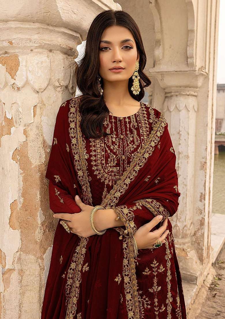 Maroon Embroidered Georgette Pakistani Suit Set - Indya