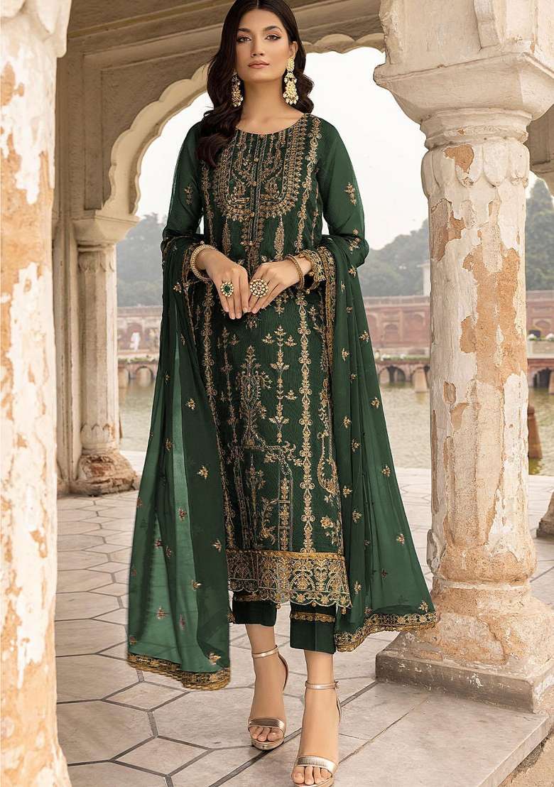 Green Embroidered Georgette Pakistani Suit Set - Indya