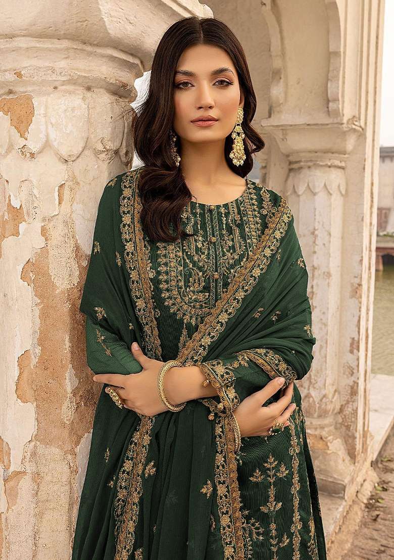 Green Embroidered Georgette Pakistani Suit Set - Indya