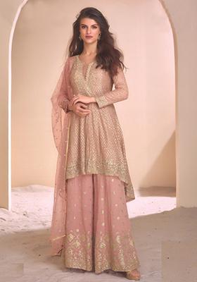 Peach Zari Embroidered Georgette Palazzo Set