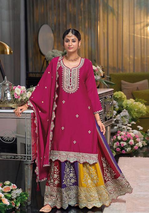 Pink Zari Embroidered Chinon Palazzo Set