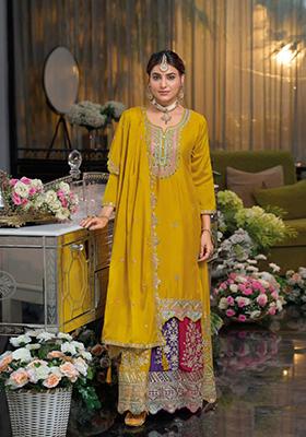 Yellow Zari Embroidered Chinon Palazzo Set