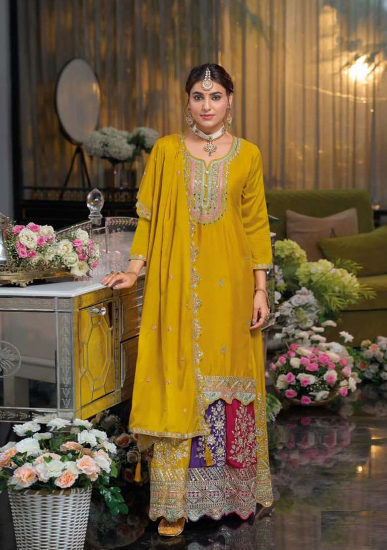 Yellow Embroidered Chinon Sharara Set - Indya