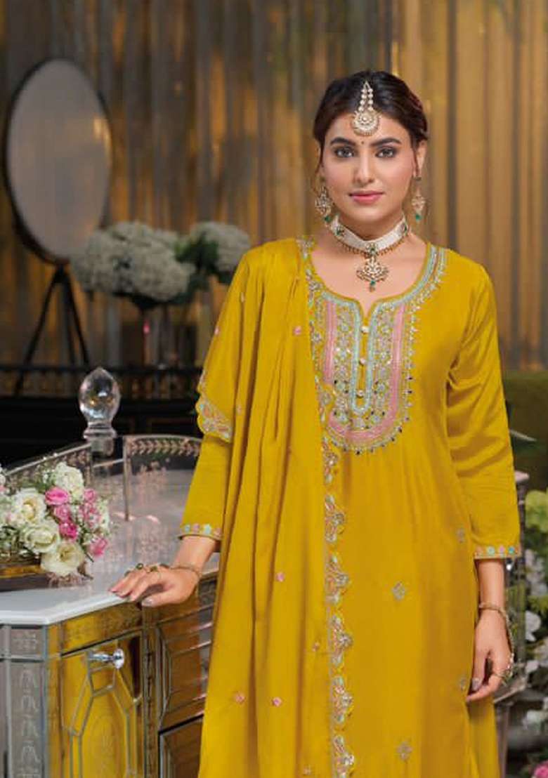 Yellow Embroidered Chinon Sharara Set - Indya
