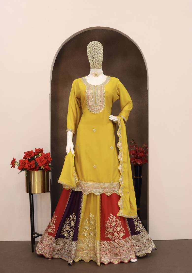 Yellow Embroidered Chinon Sharara Set - Indya
