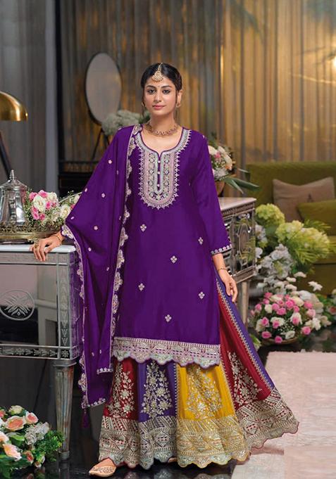 Purple Zari Embroidered Chinon Palazzo Set