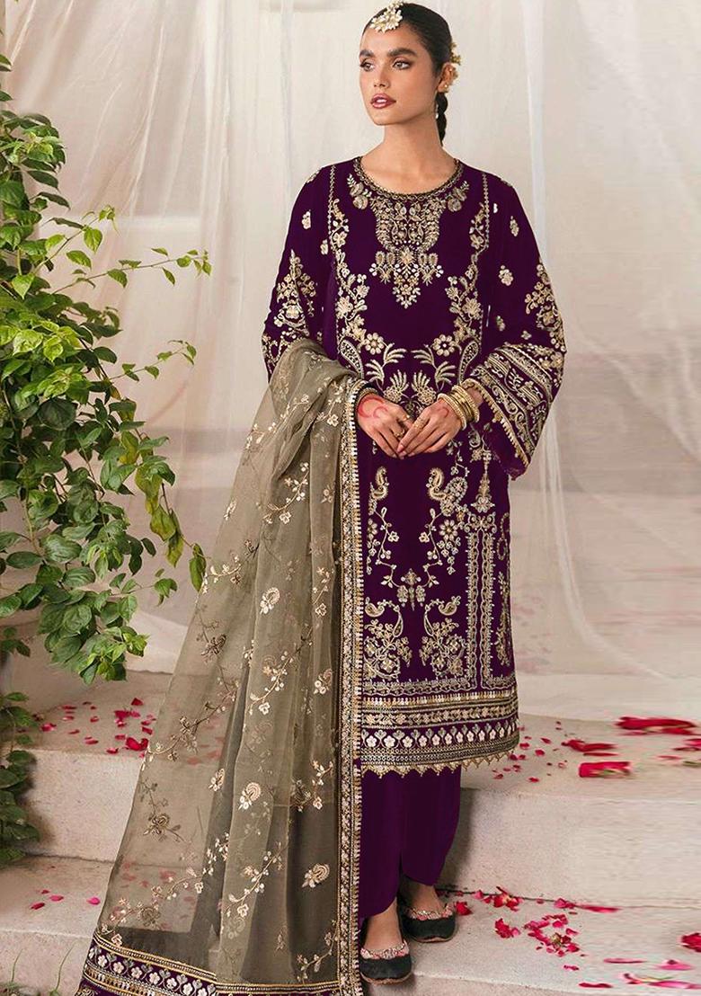 Purple Zari Embroidered Velvet Salwar Kameez