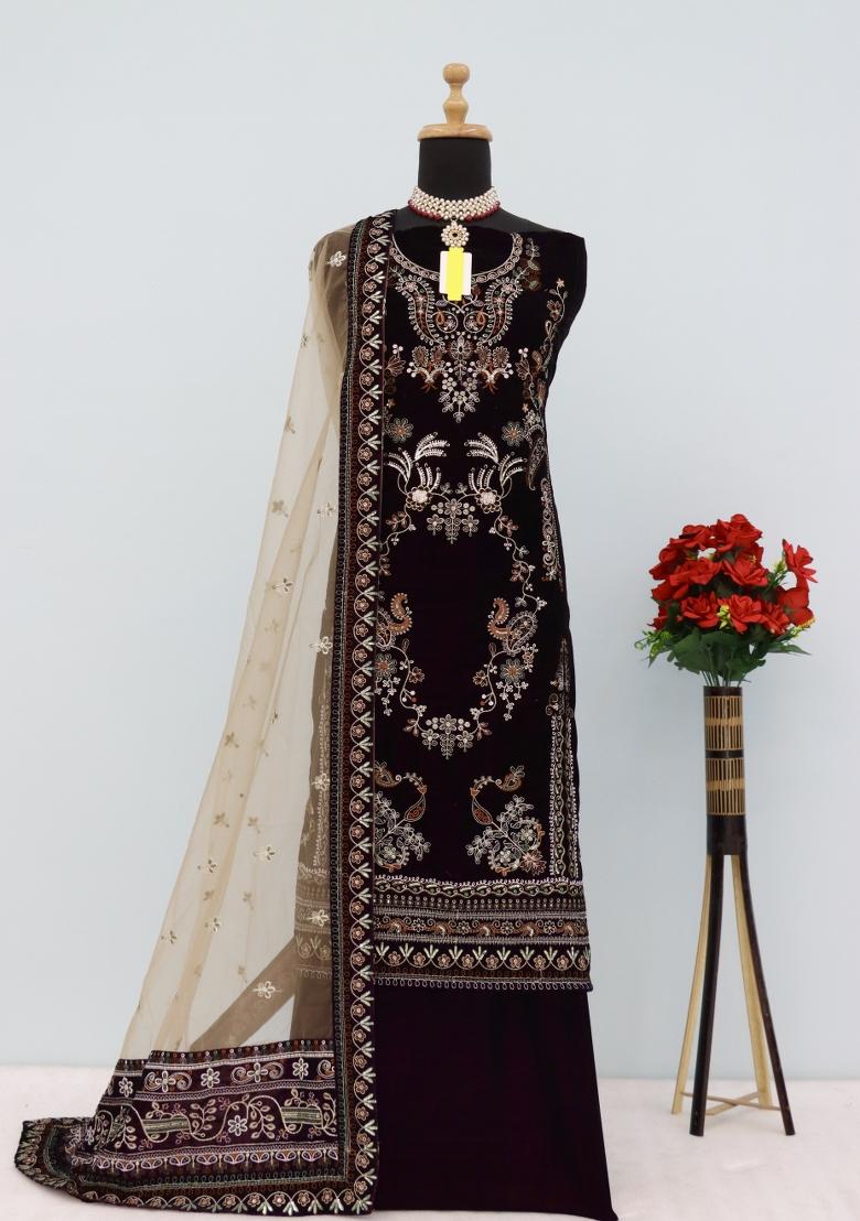 Purple Zari Embroidered Velvet Salwar Kameez