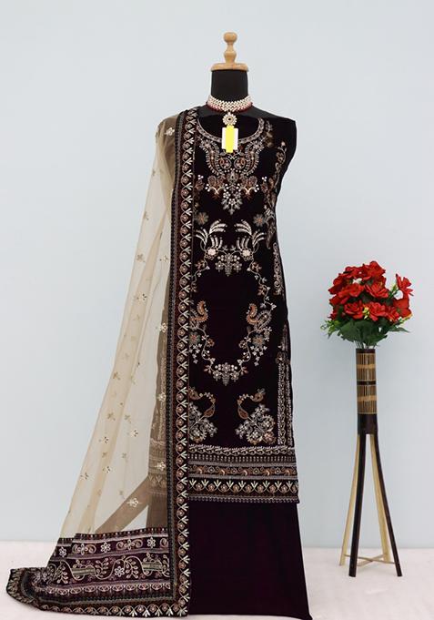 Purple Zari Embroidered Velvet Salwar Kameez