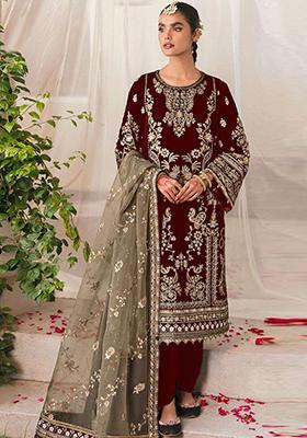 Maroon Zari Embroidered Velvet Salwar Kameez