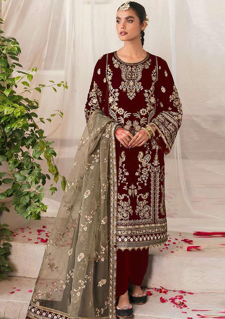 Maroon Zari Embroidered Velvet Salwar Kameez