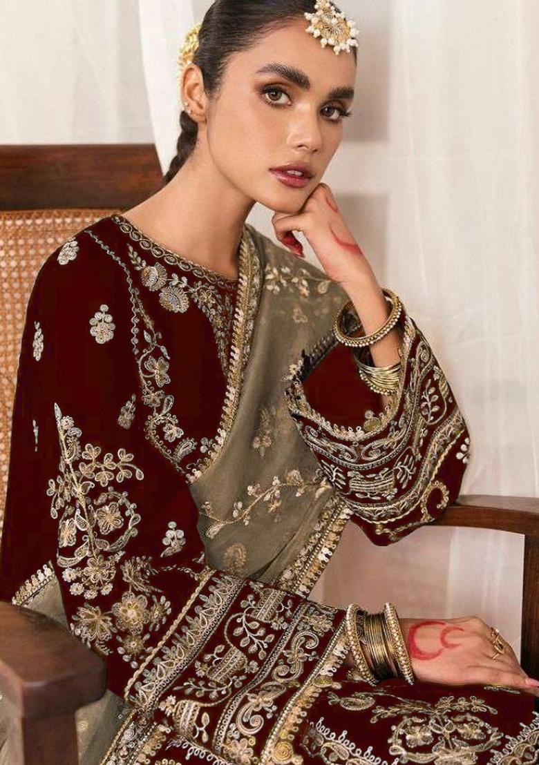 Maroon Zari Embroidered Velvet Salwar Kameez