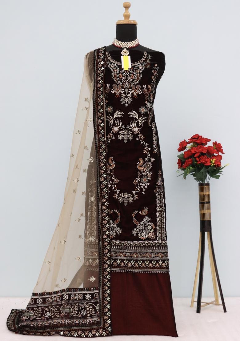 Maroon Zari Embroidered Velvet Salwar Kameez