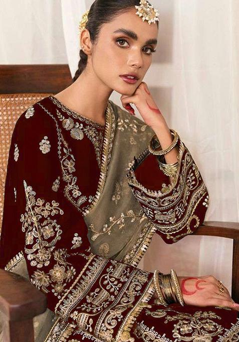 Maroon Zari Embroidered Velvet Salwar Kameez