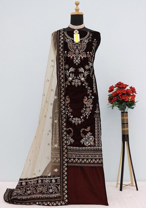 Maroon Zari Embroidered Velvet Salwar Kameez