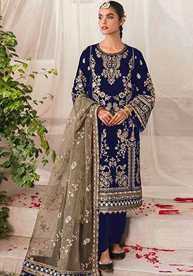 Blue Zari Embroidered Velvet Salwar Kameez