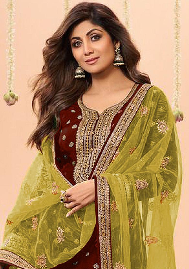 Maroon Chanderi Dress Material