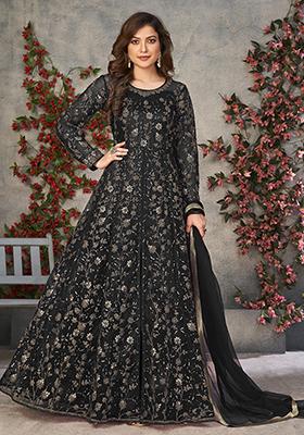 Black Embroidered Net Anarkali Set