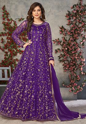 Purple Embroidered Net Anarkali Set