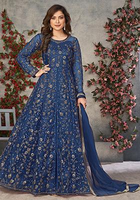 Navy Blue Embroidered Net Anarkali Set